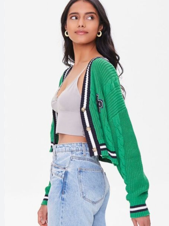 Forever 21 Sweaters - Forever 21 Green Knit Cropped Letter Cardigan Small